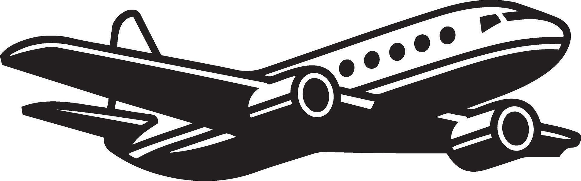 Black and white Silhouette illustration of a vintage airplane in flight. vector