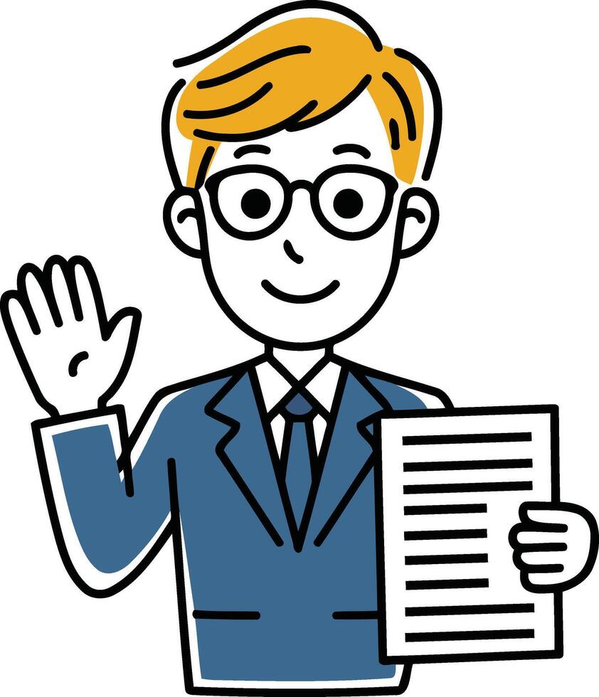 A Flat cartoon-style line art businessman in a suit, holding documents, and waving. vector