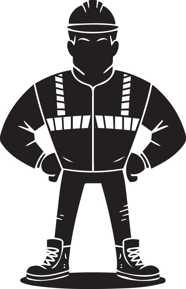 A bold black and white silhouette of a construction worker standing confidently with hands vector