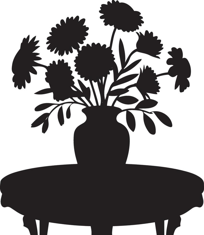 Elegant silhouette of flowers in a vase on a table. vector