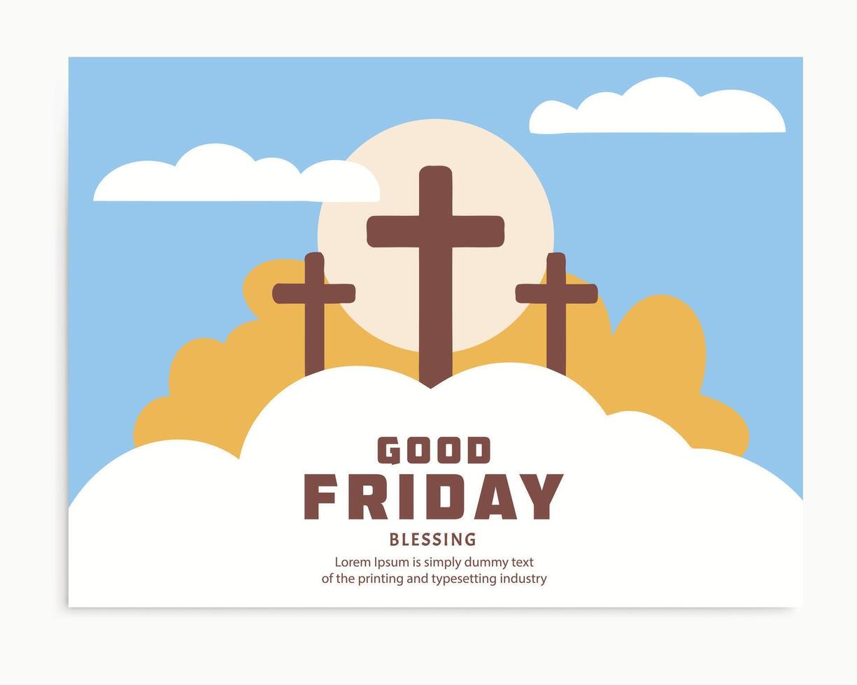 A vibrant and simple Good Friday poster design featuring three crosses atop clouds against a light blue sky with a pale sun. vector