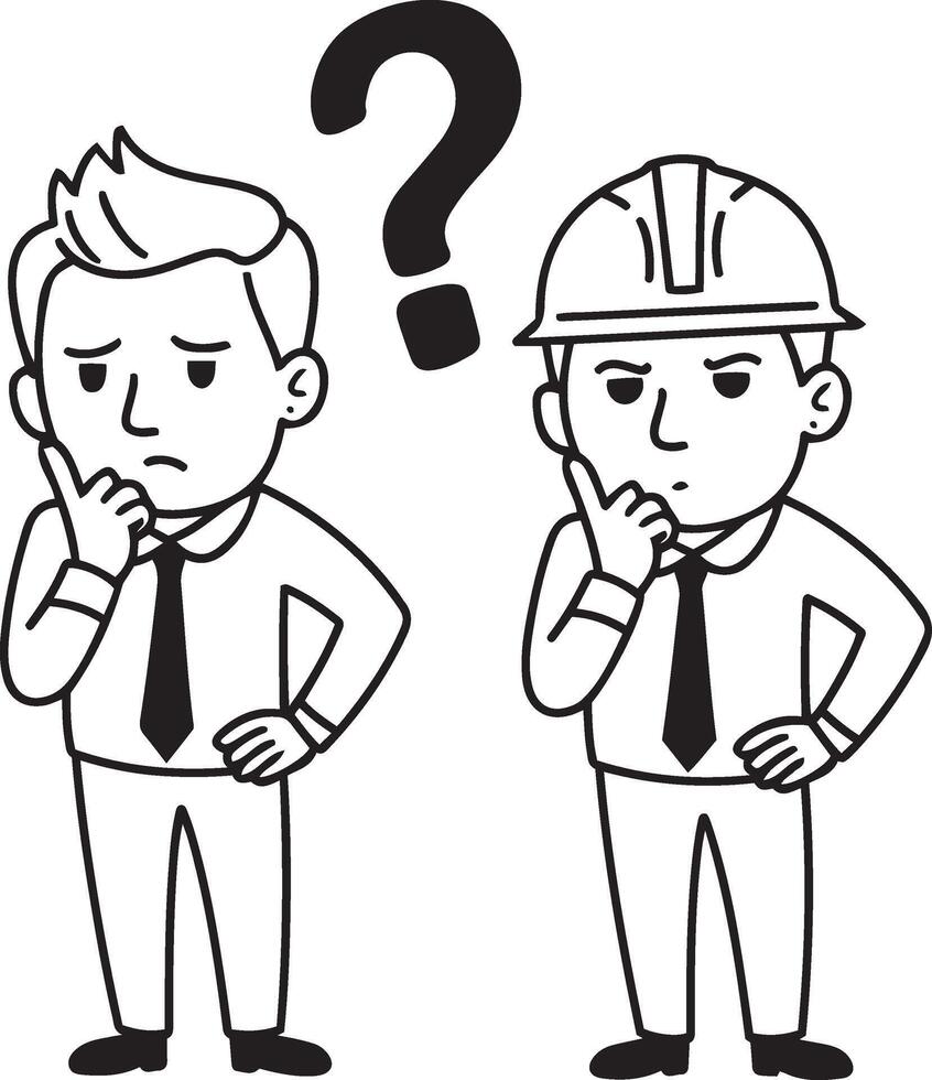 Two cartoon figures, likely business professionals, one wearing a hard hat, both appear thoughtful and questioning. vector