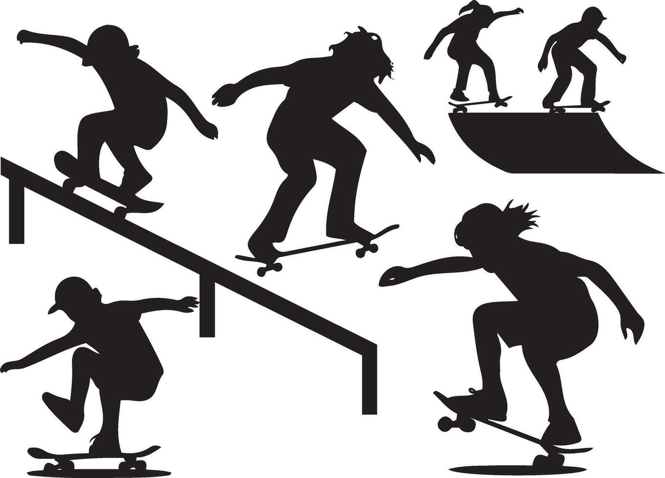 Silhouette illustration of diverse Skateboarders in Action at a Skate Park vector