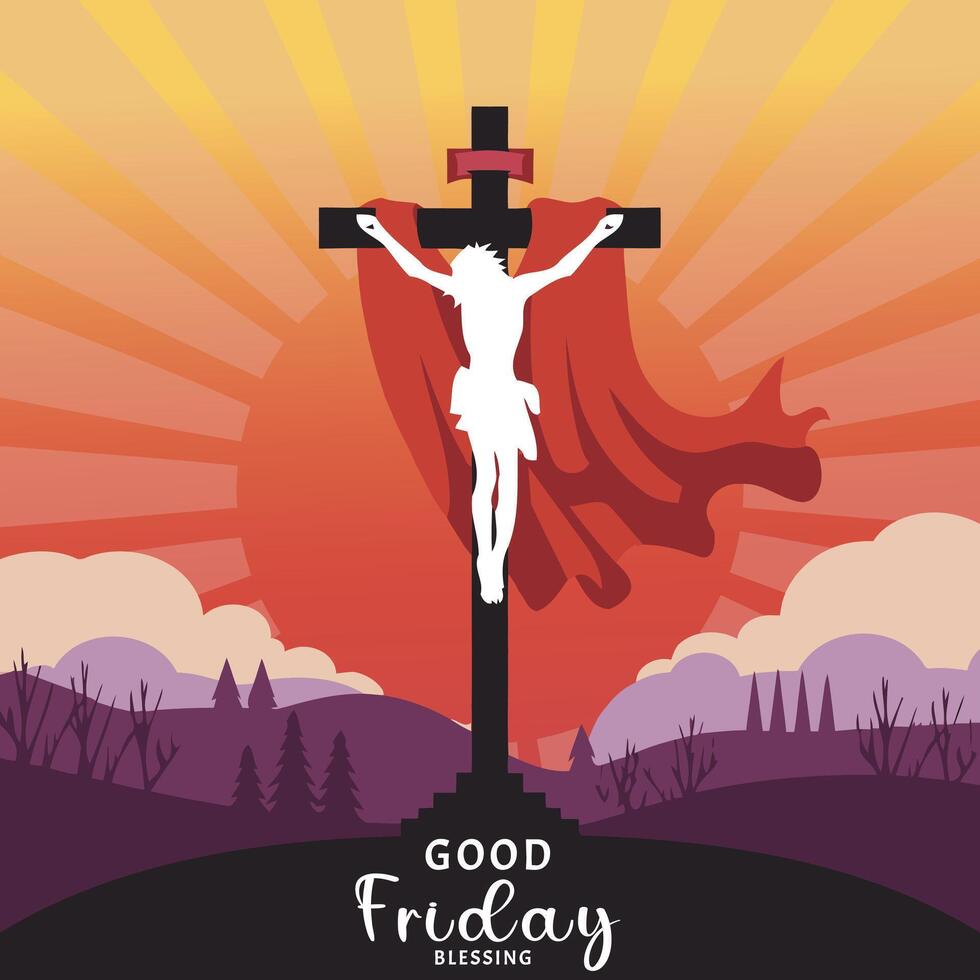 illustration of Jesus Christ on the cross with sunset landscape. Social Media Post Web Banner Status Story vector