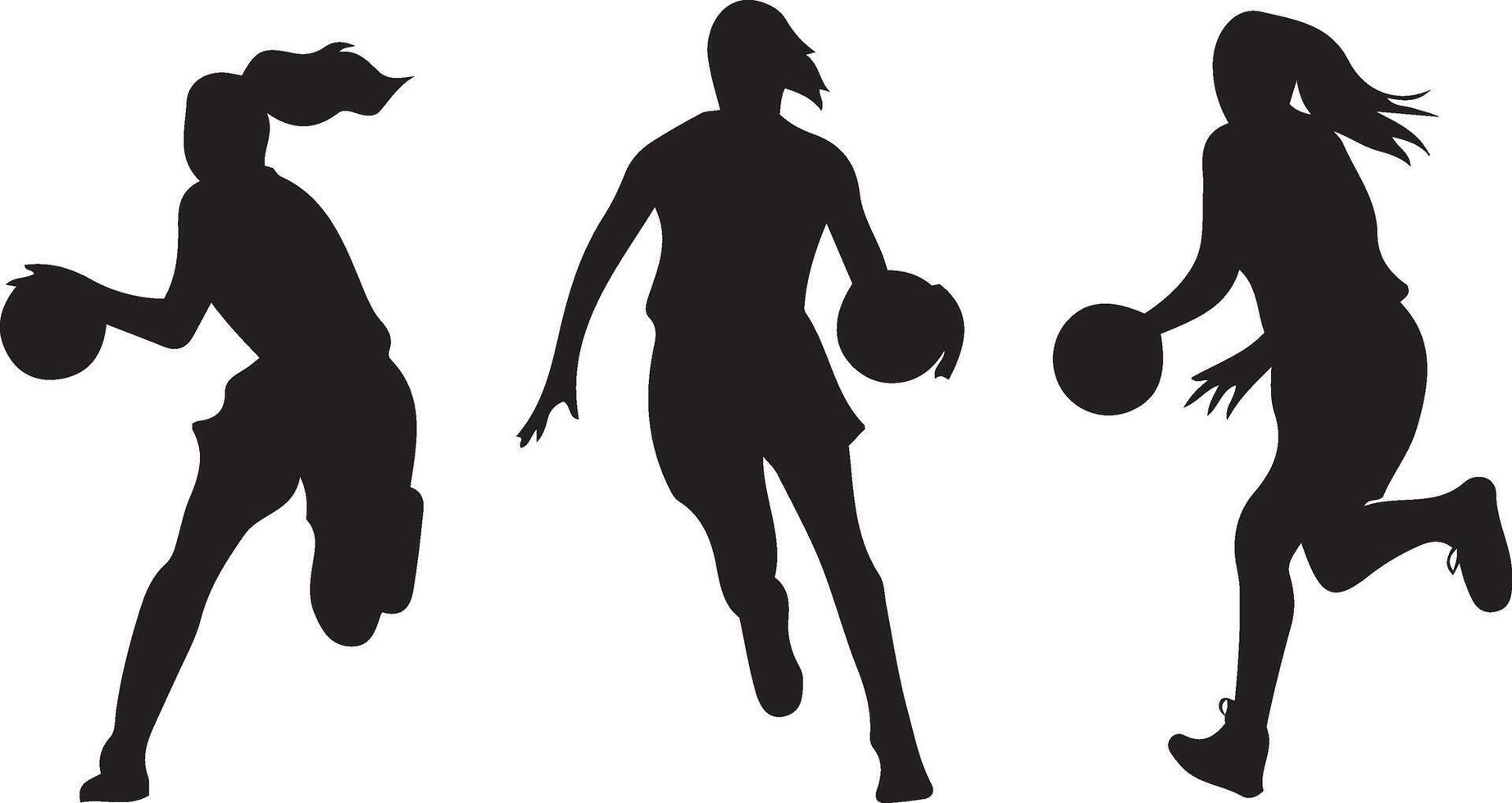 Set of Dynamic Silhouette of Female Basketball Players in Action vector