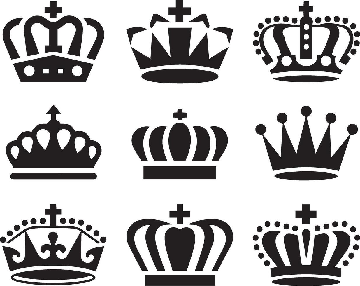 Six Different Black and White Crown Icons solid black silhouette against a white background vector