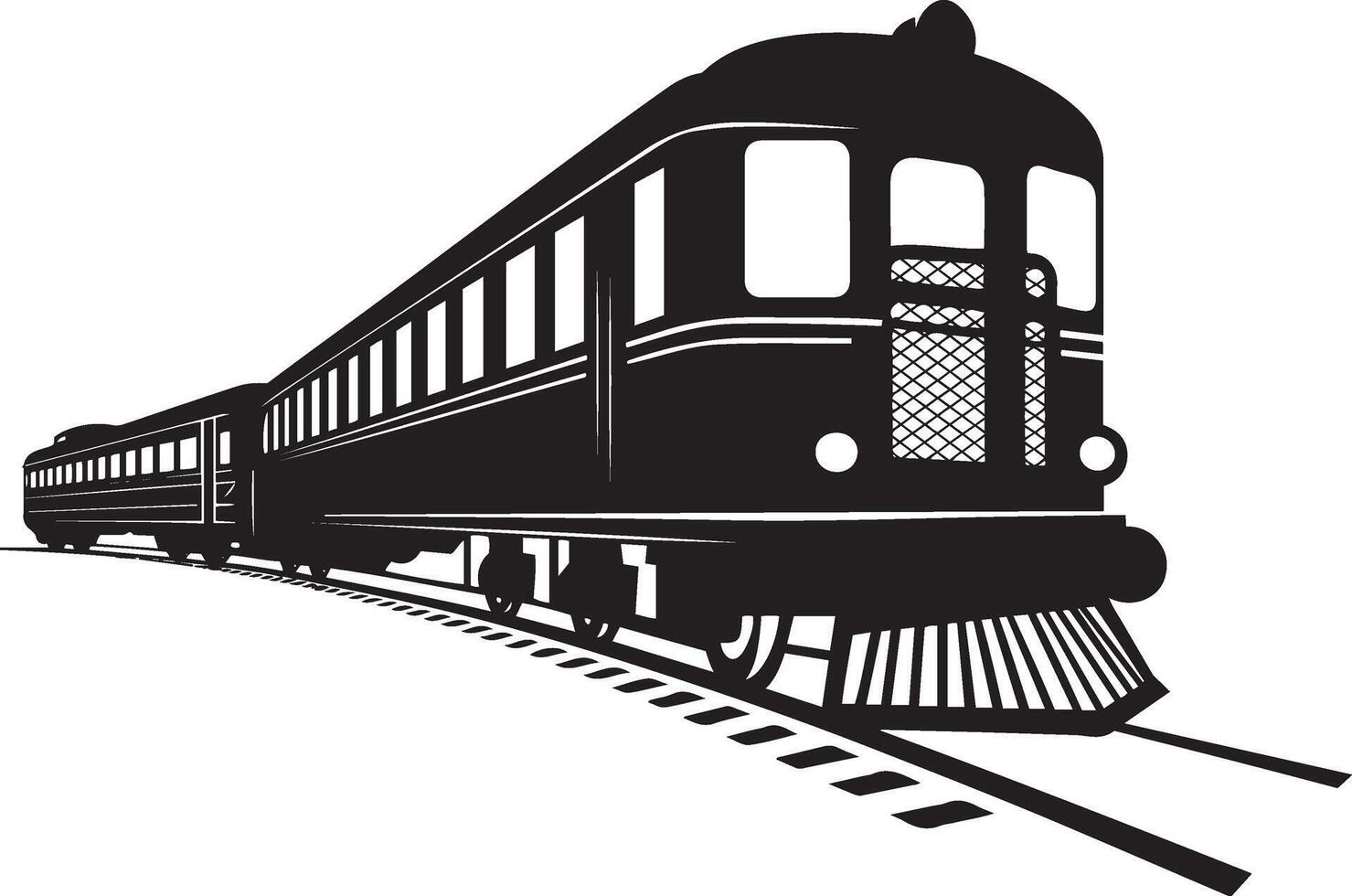 A bold black and white silhouette of a vintage train moving along railway tracks. vector
