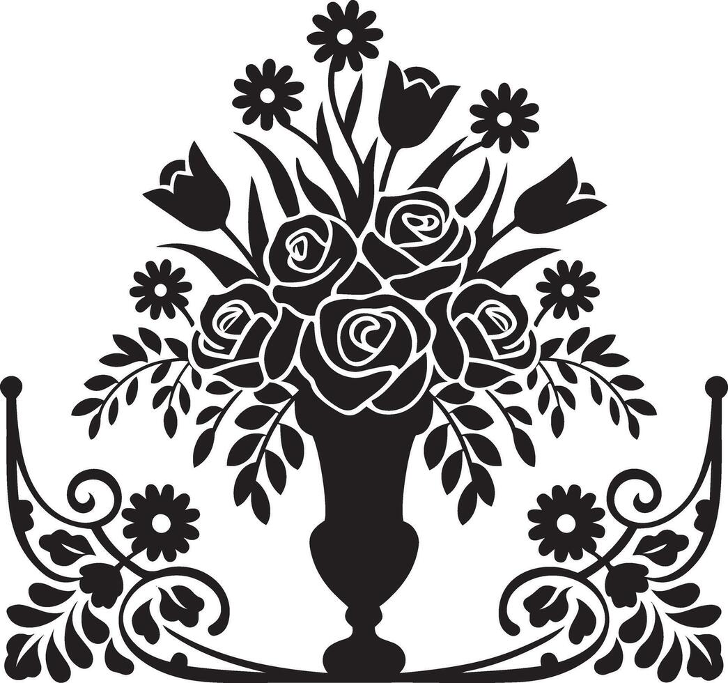 Elegant Black and White Floral Bouquet Vase Silhouette vector
