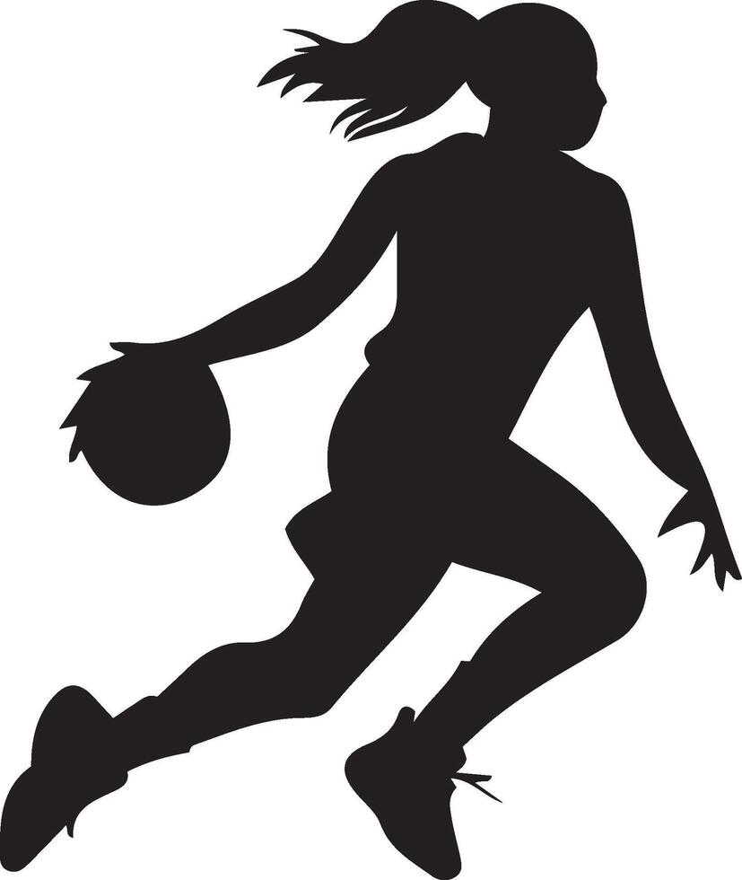 Female Basketball Player silhouette of a female basketball player in mid-air, dribbling the ball. vector