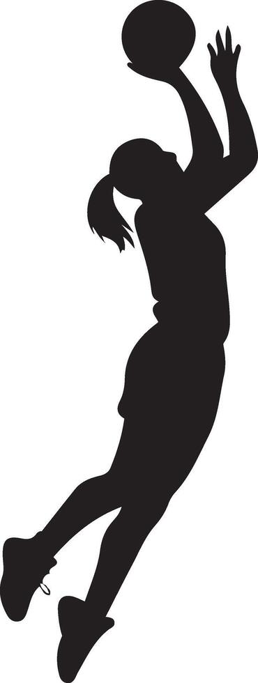Silhouette of a female basketball player in mid air jump shot. vector