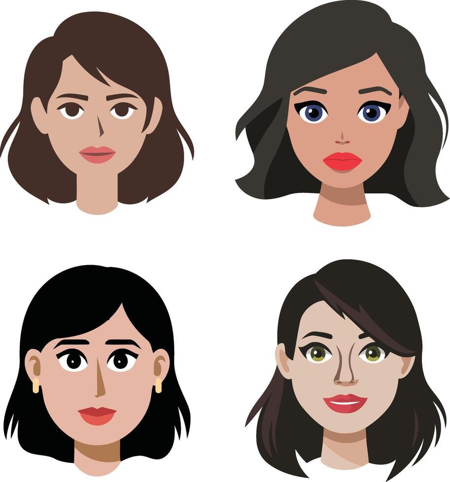 Collection of four stylized female faces emoji with short haircuts vector