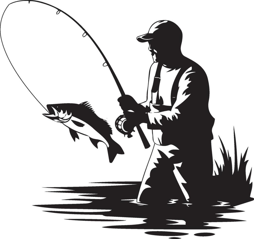 A powerful, black and white silhouette of a fisherman reeling in a fish. vector
