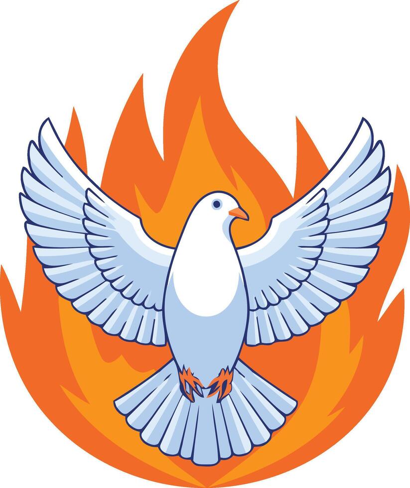Flat illustration of a white dove, wings outstretched, positioned within a fiery orange flame halo. vector
