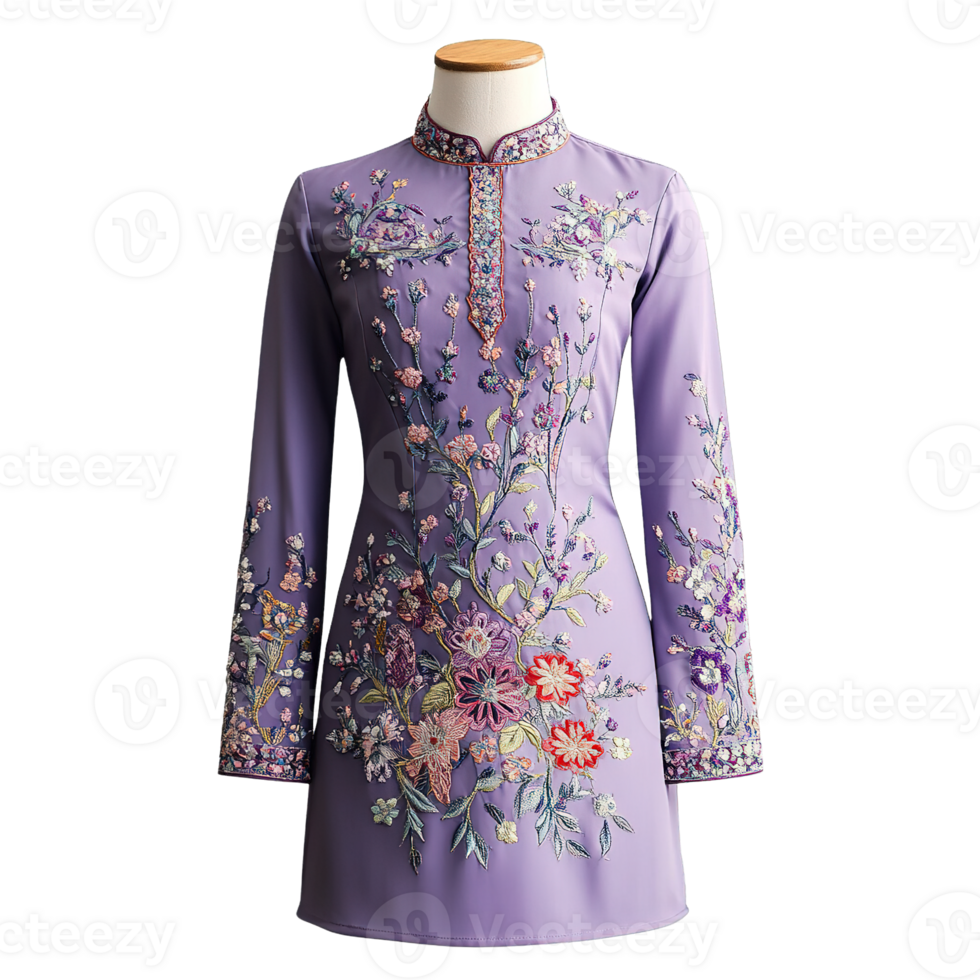Authentic Malay Baju Kurung with Exquisite Handcrafted Floral Motifs and Luxury Fabric on Transparent Background png