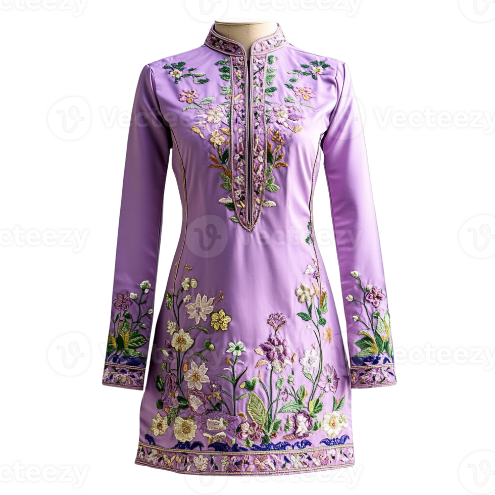 Elegant Long Sleeve Baju Kurung with Cultural Heritage Inspired Floral Detailing on Transparent Background png