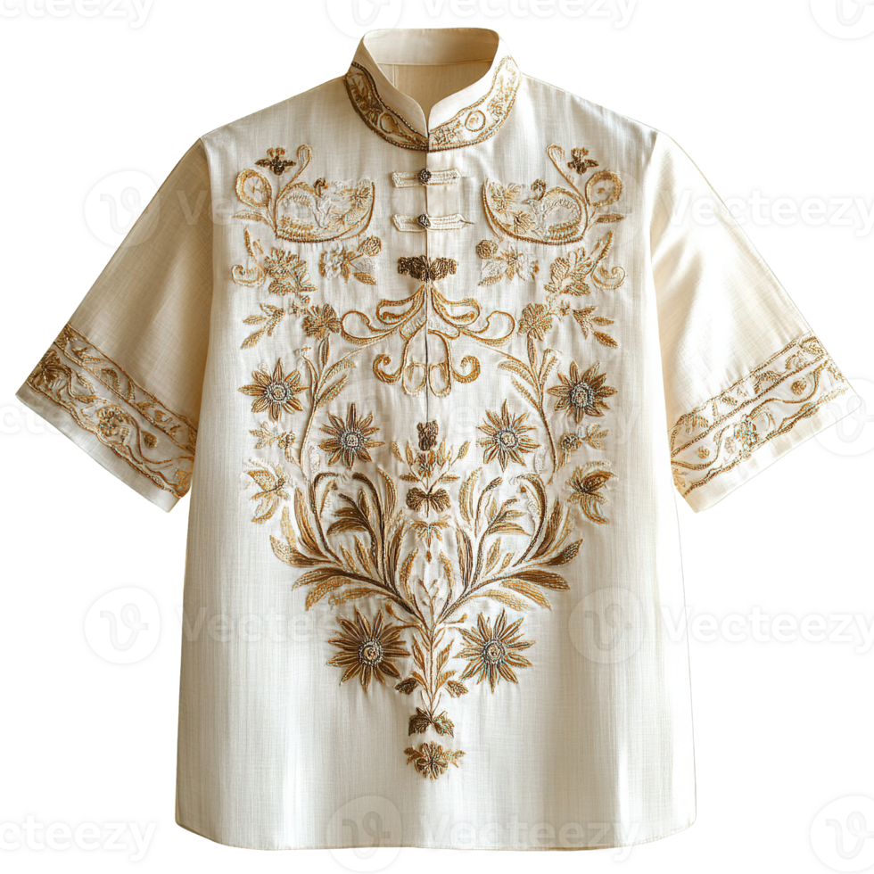 Elegant Barong Tagalog Formal Wear Featuring Delicate Floral Embroidery on Sheer Fabric on Transparent Background png