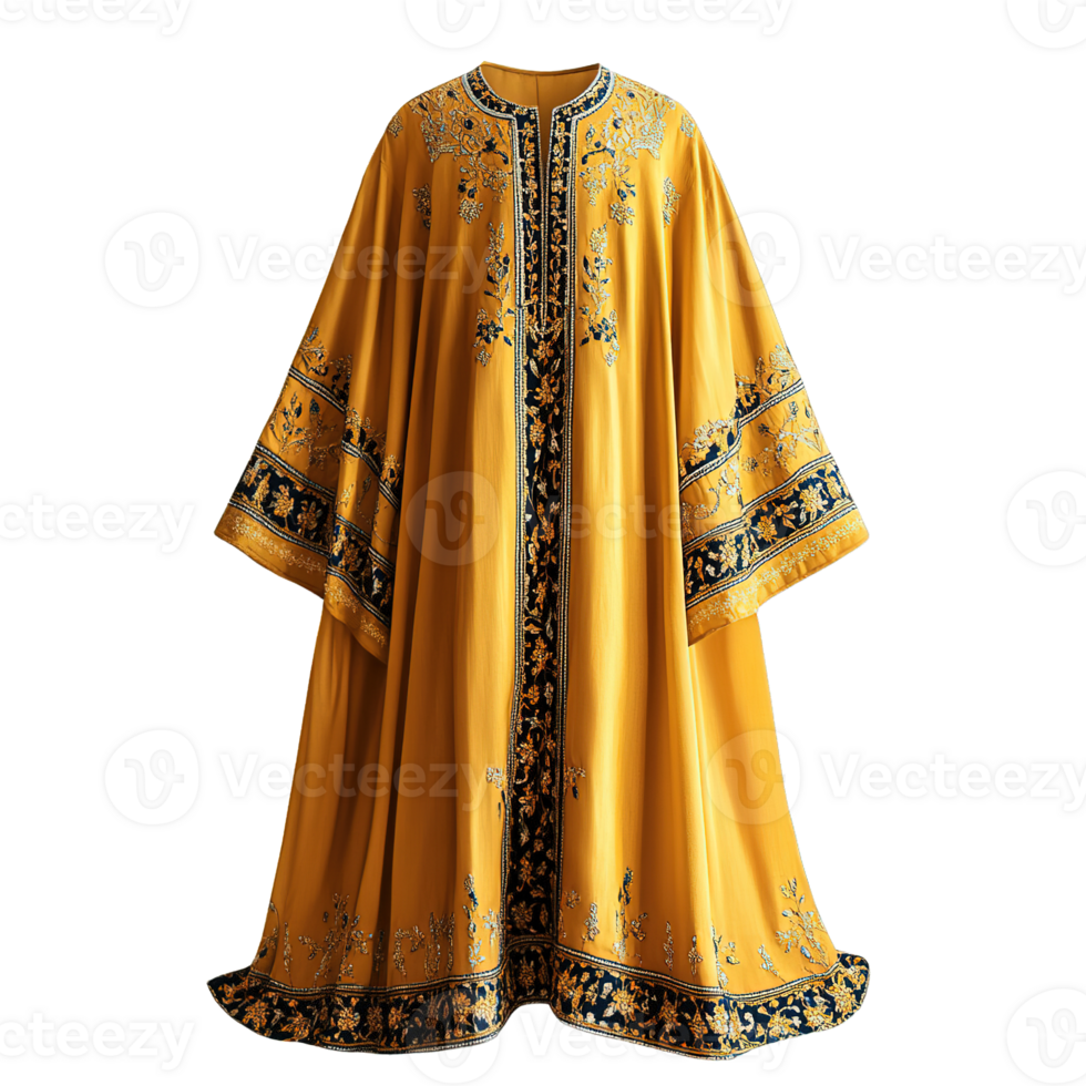 Golden Embroidered Moroccan Kaftan Isolated on Transparent Background png