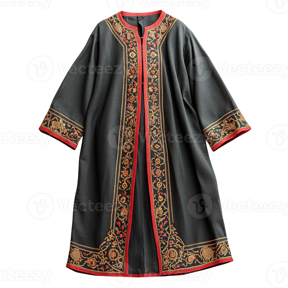 Traditional Moroccan Djellaba Gown with Exquisite Handmade Embroidery and Gold Accents png