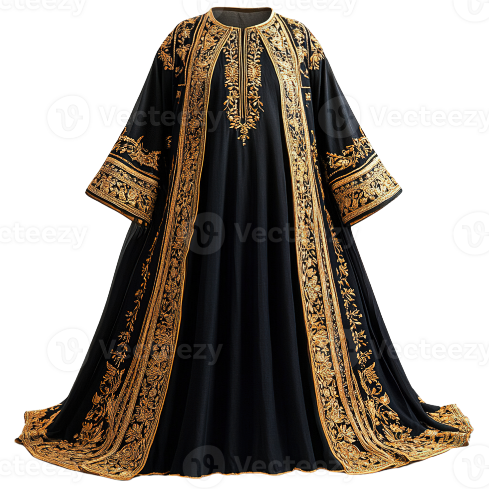 Luxurious Moroccan Kaftan with Gold Embroidery and Flowing Silhouettes png