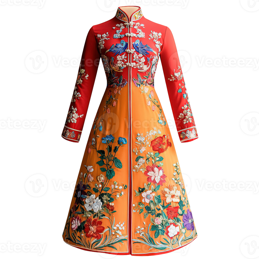 Authentic Ao Dai Vietnamese Dress in Rich Orange and Red Tones with Delicate Embroidery png