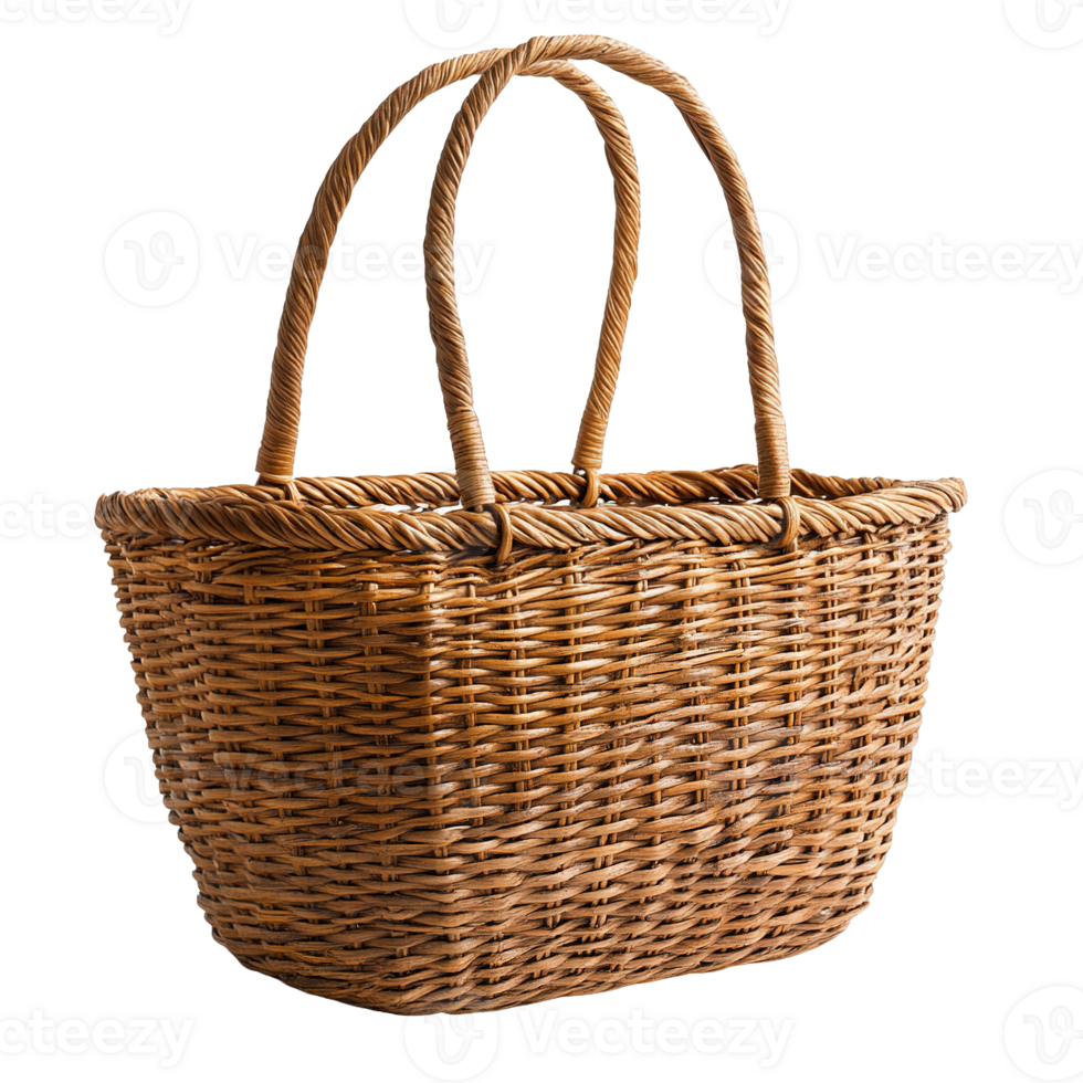 Artisanal Handwoven Straw Basket Bag with Strong Handles Isolated on Transparent Background png