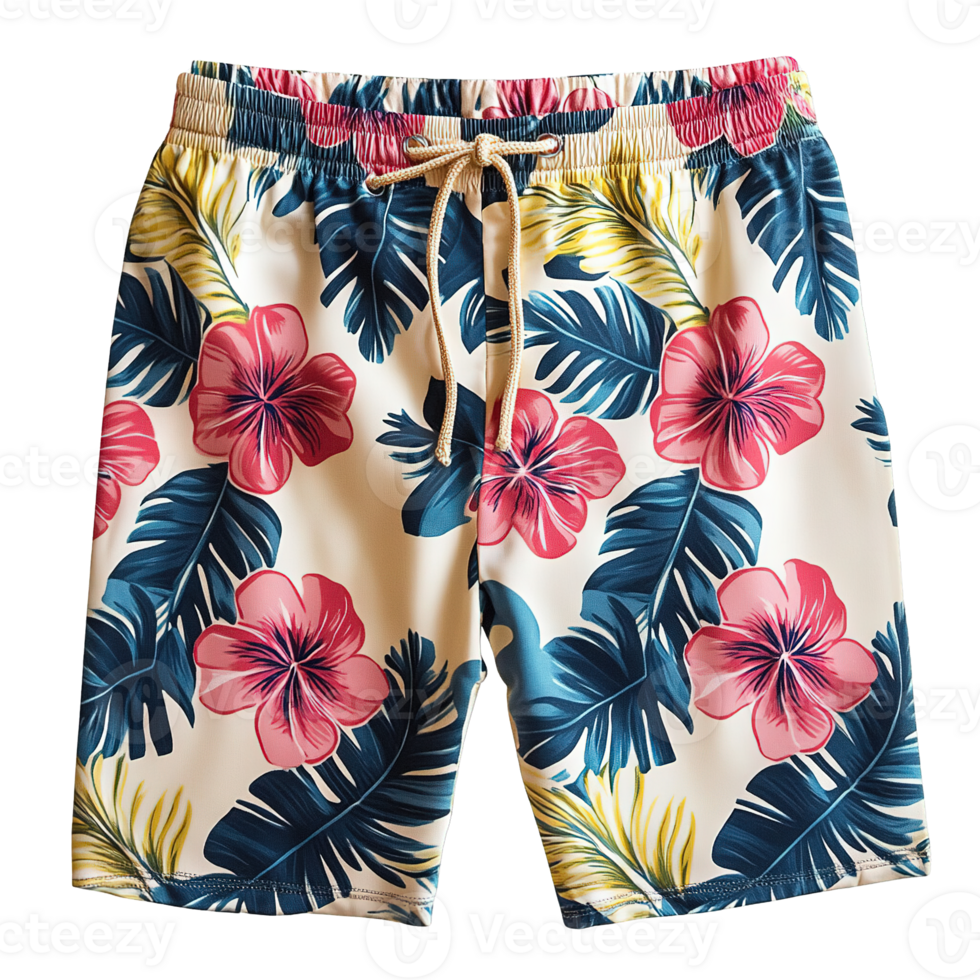 Trendy Beach Shorts for Men with Bold Tropical Floral Design and Relaxed Fit on Transparent Background png
