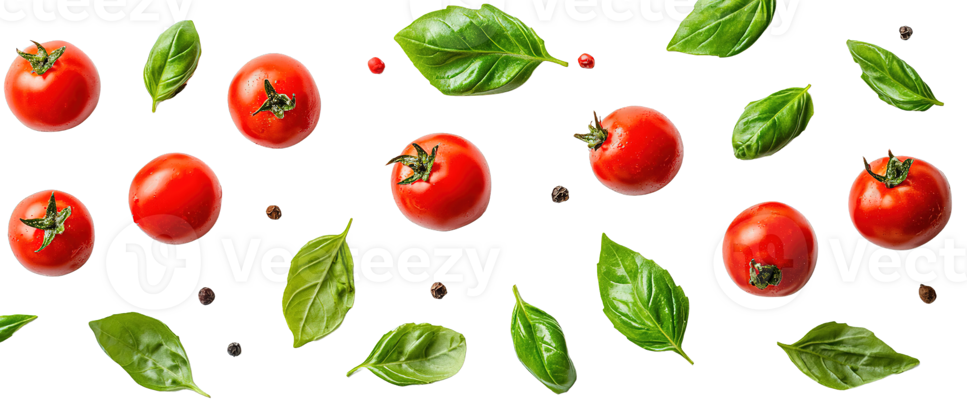 Fresh Cherry Tomatoes and Basil Leaves Floating on Transparent Background png