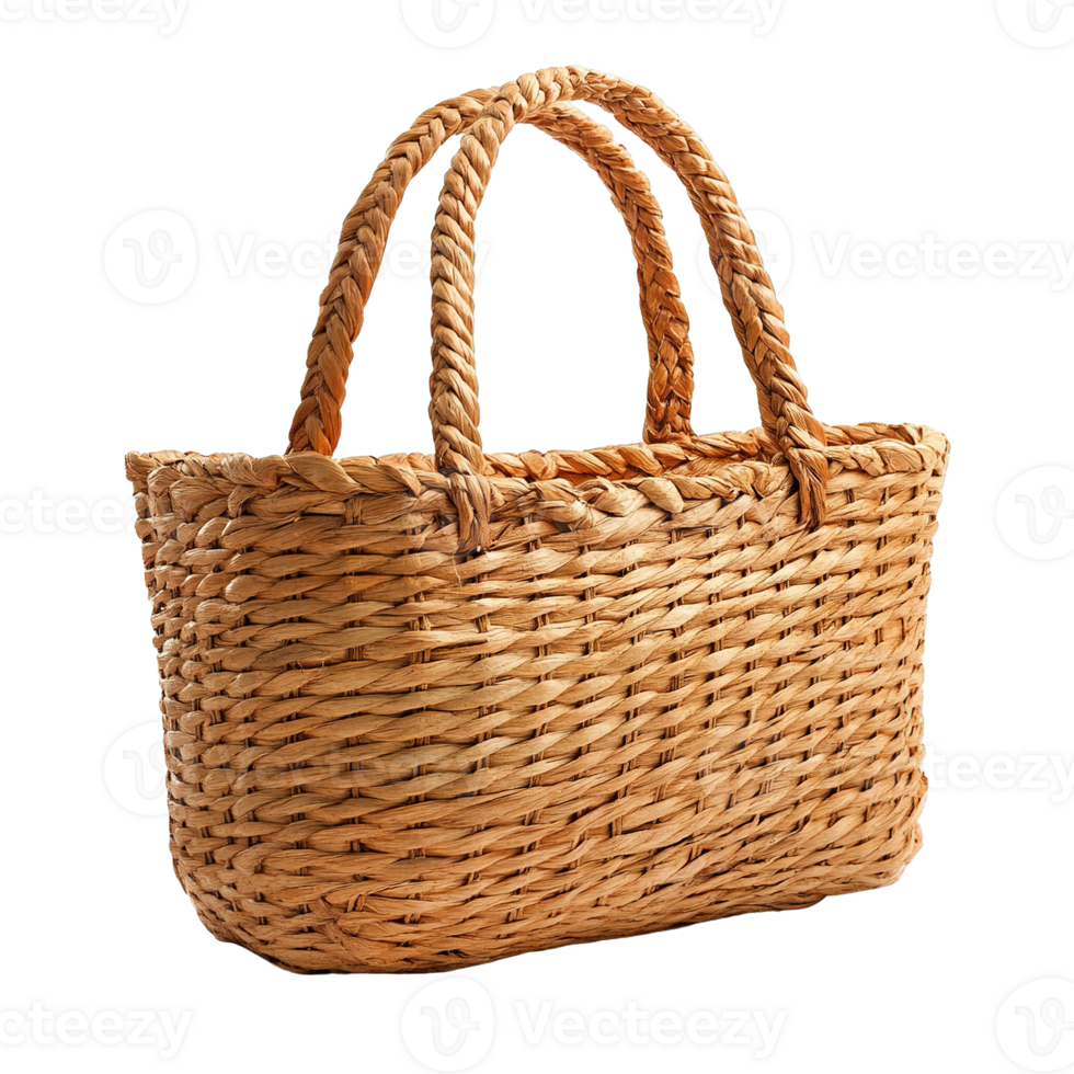 Natural Wicker Tote Bag with Double Handles Isolated on Transparent Background png