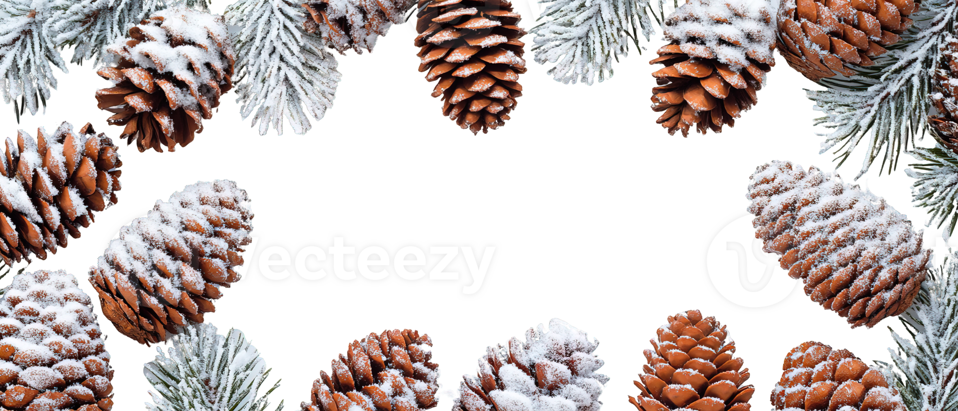 Winter Holiday Frame with Snow-Covered Pine Cones and Frosty Fir Branches Isolated Transparent Background png