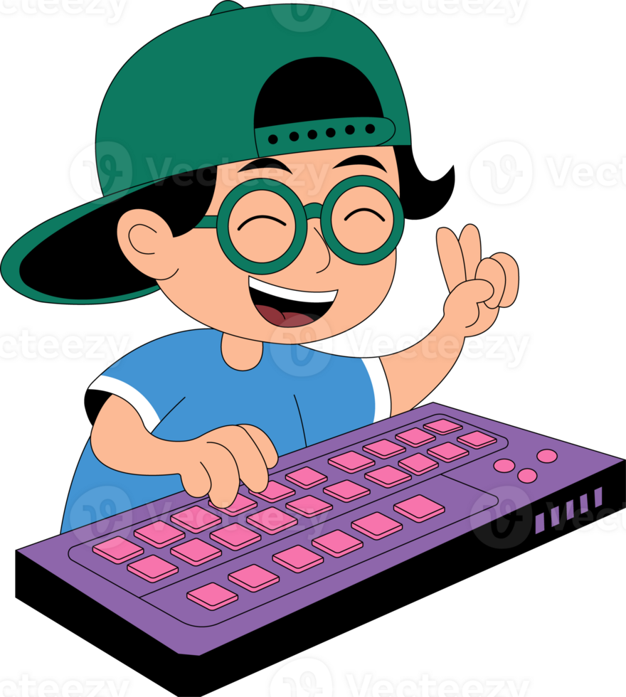 A cartoon boy wearing glasses and a hat is typing on a keyboard png