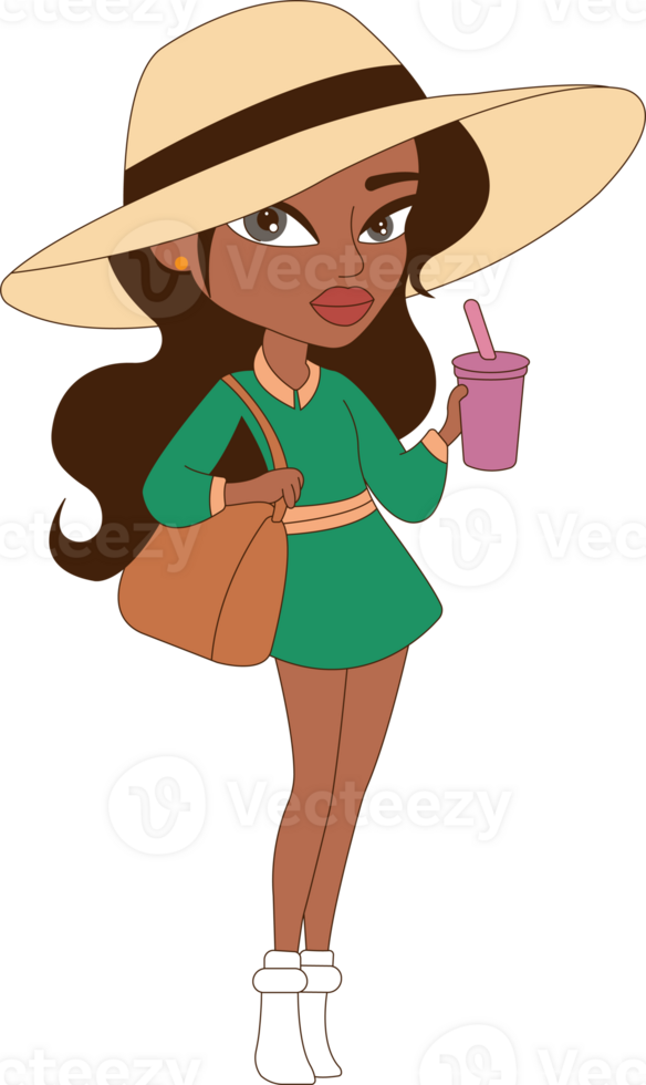 Cartoon girl with hat and drink png