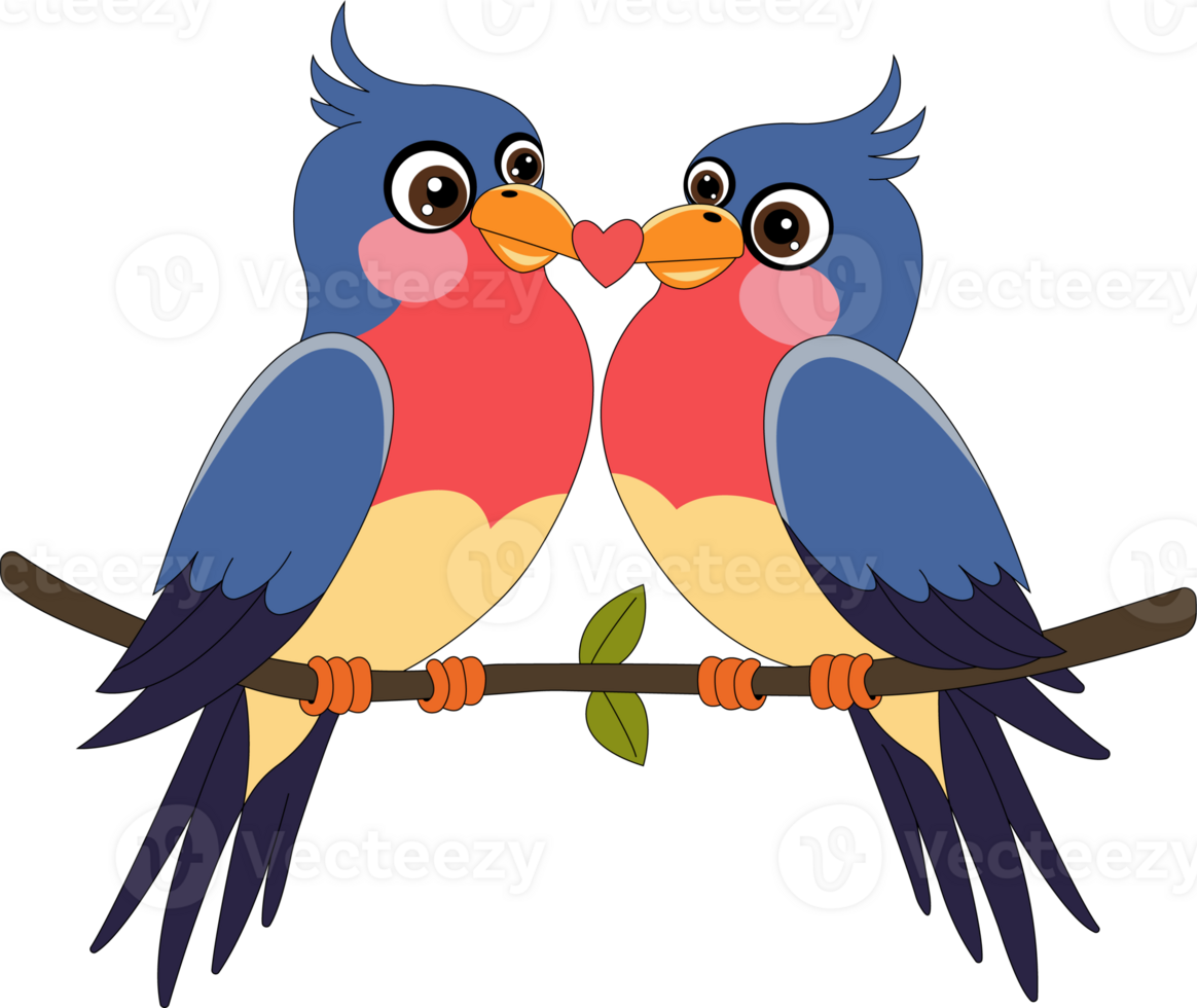 two cartoon birds on a branch with hearts ilustration png
