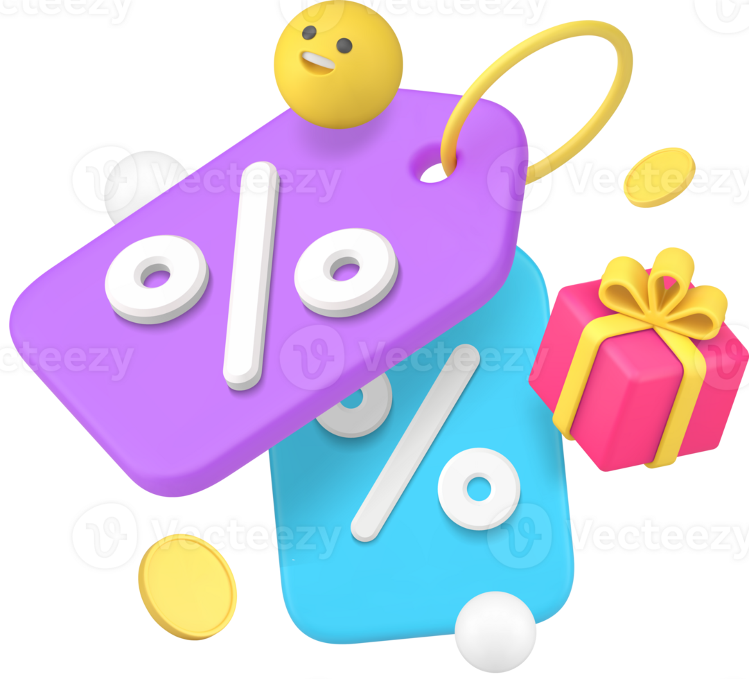 Shopping sale discount price tag with percentage and gift 3d icon png