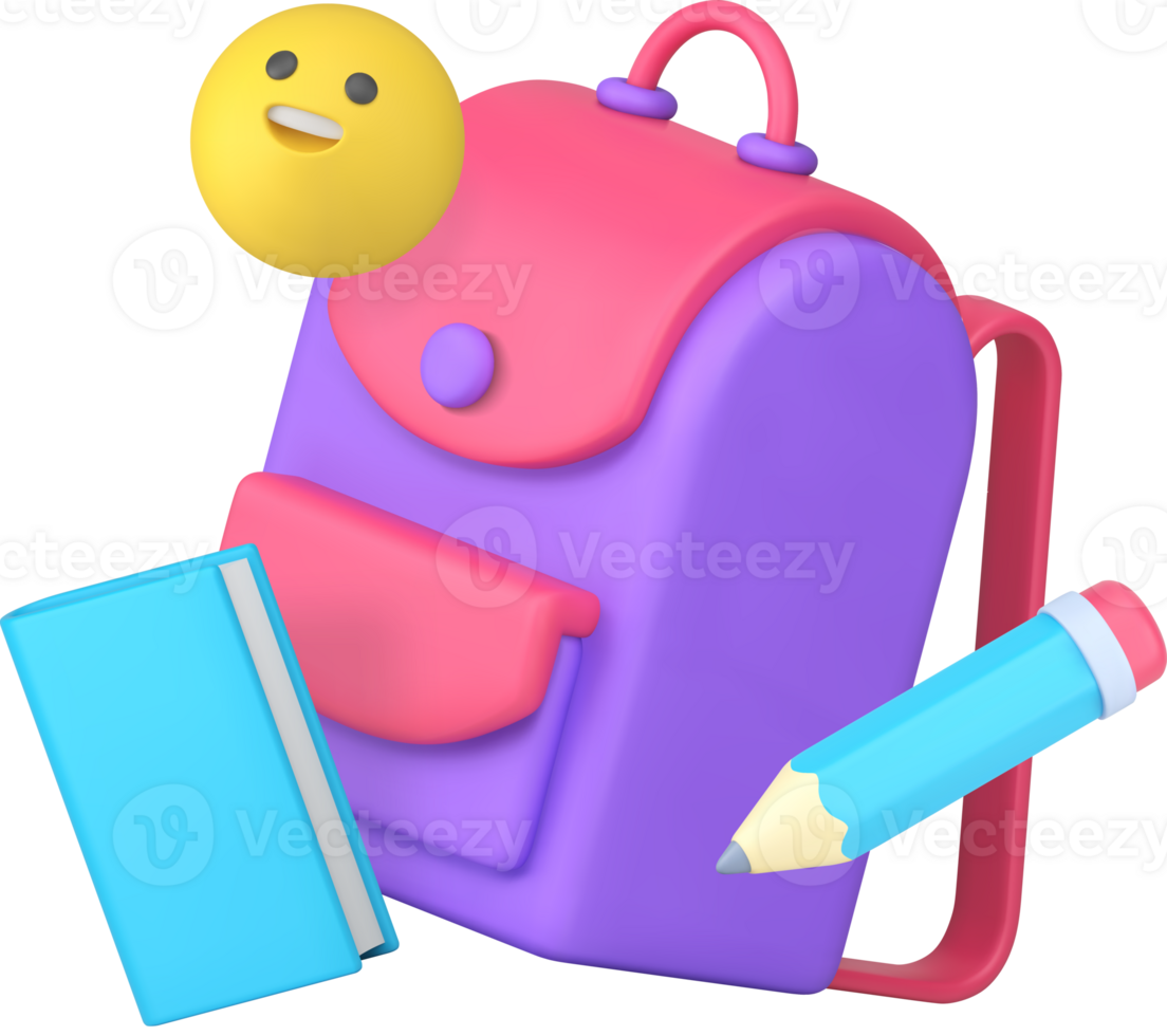 Back to school student education backpack and book 3d icon png