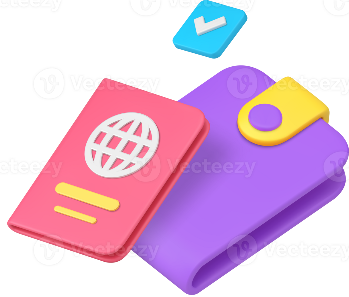 International travel global trip with passport and wallet 3d icon png