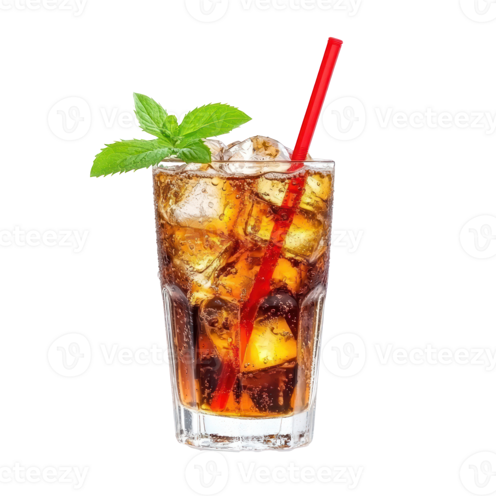 cola with ice and mint leaves on transparent background png