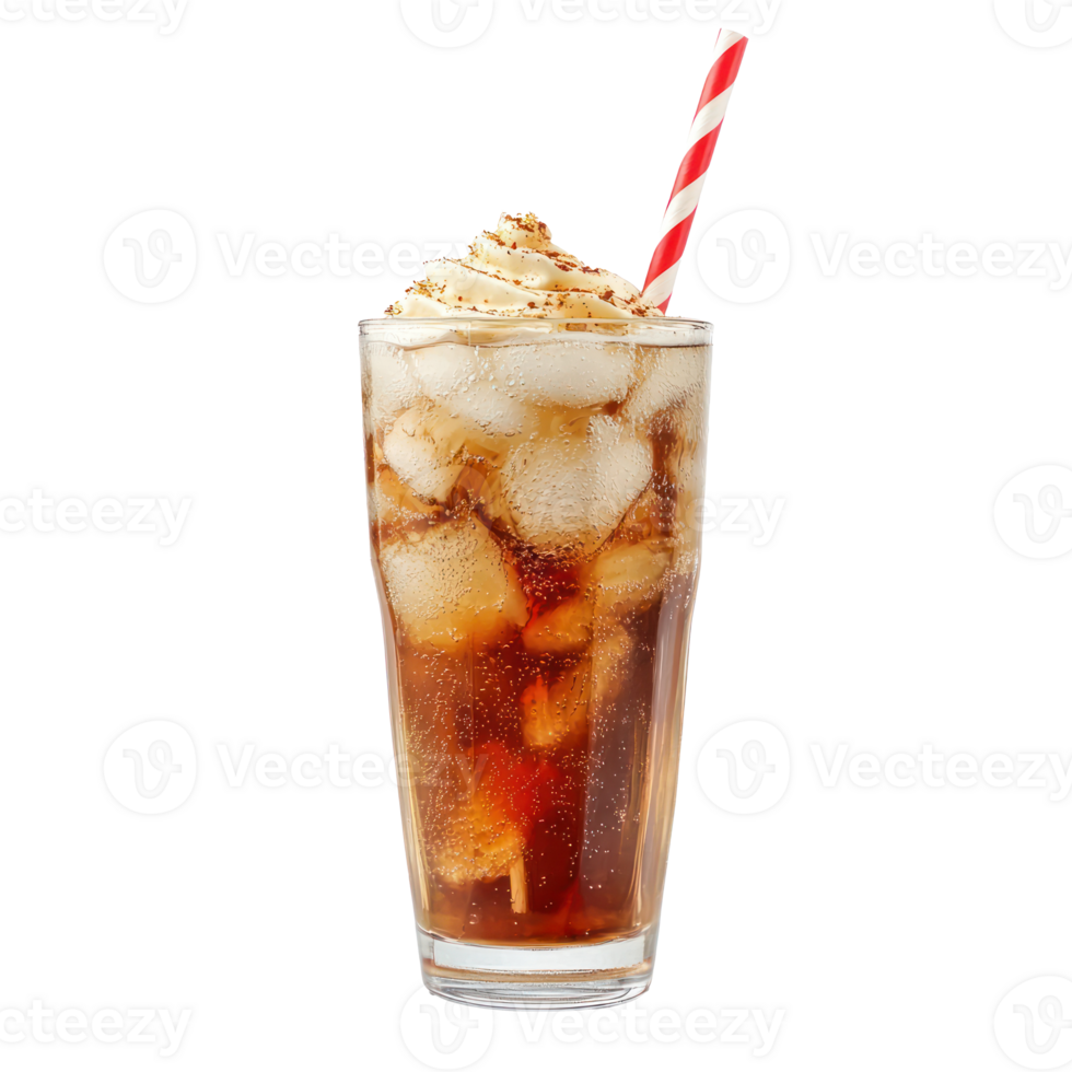 a glass of cola with a straw and ice cream an transparent background png