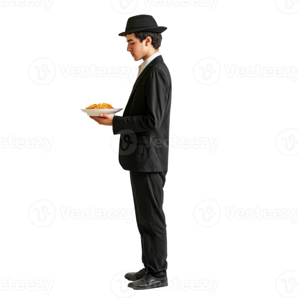 Young man celebration Passover jewish holiday, standing side view isolate on transparent background png