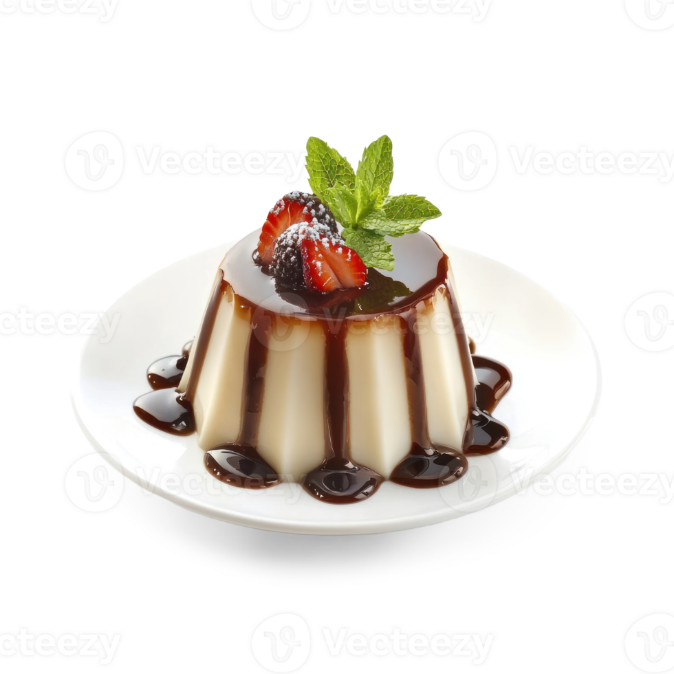 chocolate pudding with strawberry and mint leaves on a white plate png