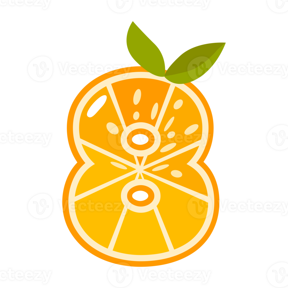 Orange fruit number Eight. Orange in the shape of number 8. Alphabet, letters, numbers and signs made from orange or citrus. png