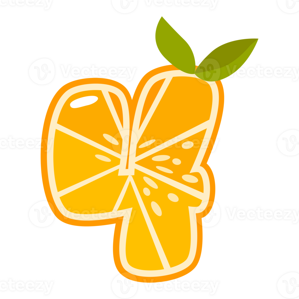 Orange fruit number Four. Orange in the shape of number 4. Alphabet, letters, numbers and signs made from orange or citrus. png