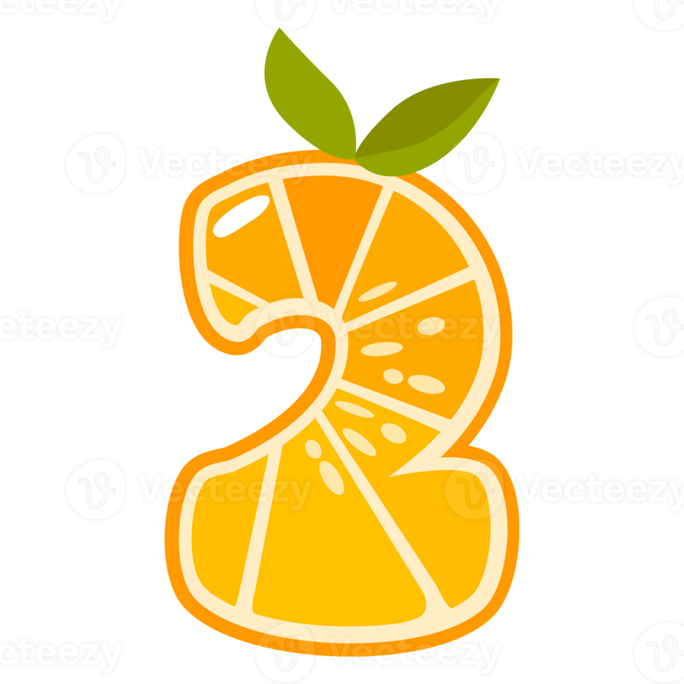 Orange fruit number Two. Orange in the shape of number 2. Alphabet, letters, numbers and signs made from orange or citrus. png