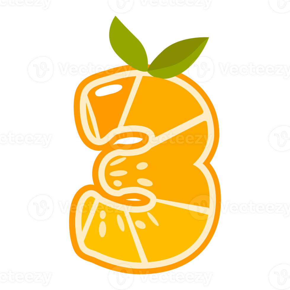 Orange fruit number Three. Orange in the shape of number 3. Alphabet, letters, numbers and signs made from orange or citrus. png