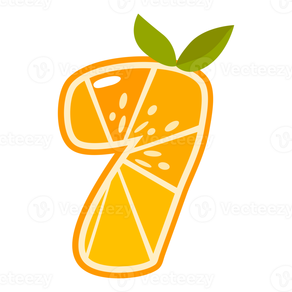 Orange fruit number Seven. Orange in the shape of number 7. Alphabet, letters, numbers and signs made from orange or citrus. png
