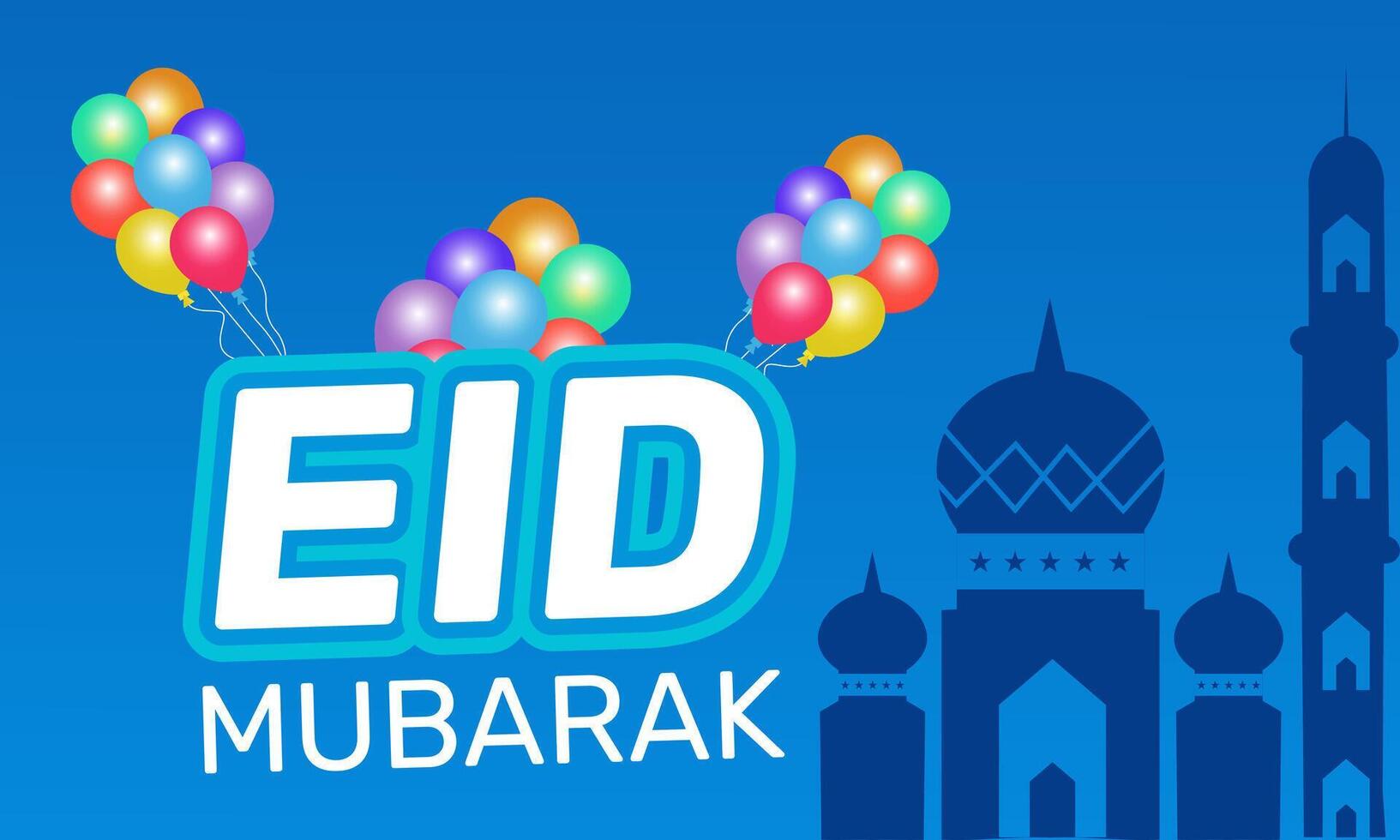 Eid Mubarak Greeting Card with Crescent Moon Mosque and Hanging Lanterns in Elegant Islamic Style for Ramadan and Eid Celebration vector
