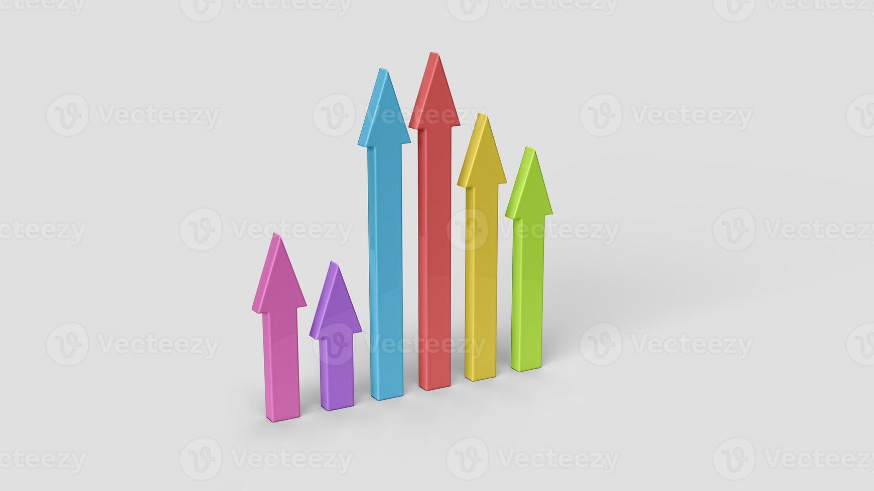 six colored 3D graphic style arrows on the white backdrop, left view photo
