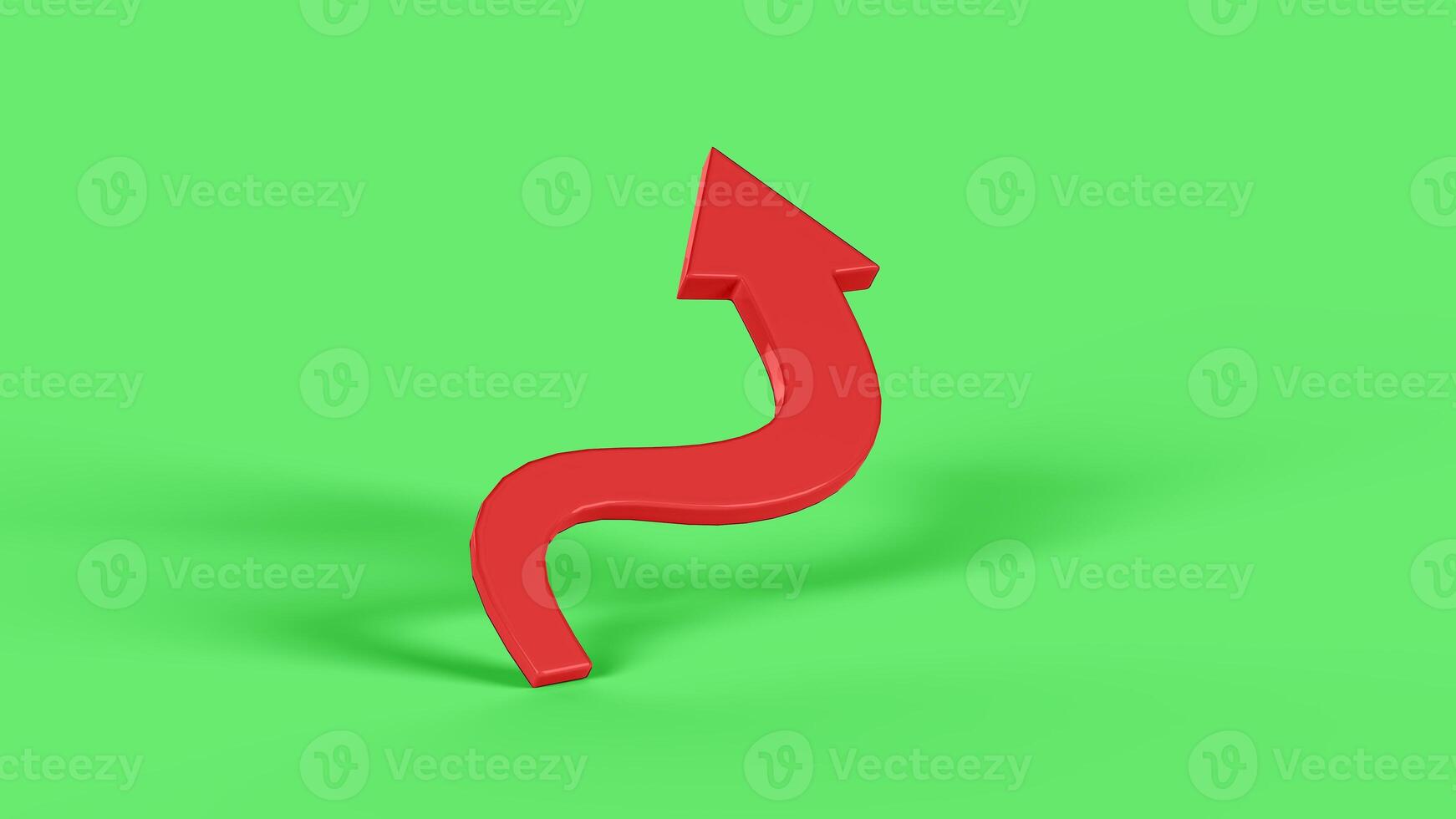 3D red curved arrow symbol in green scenario, left view photo
