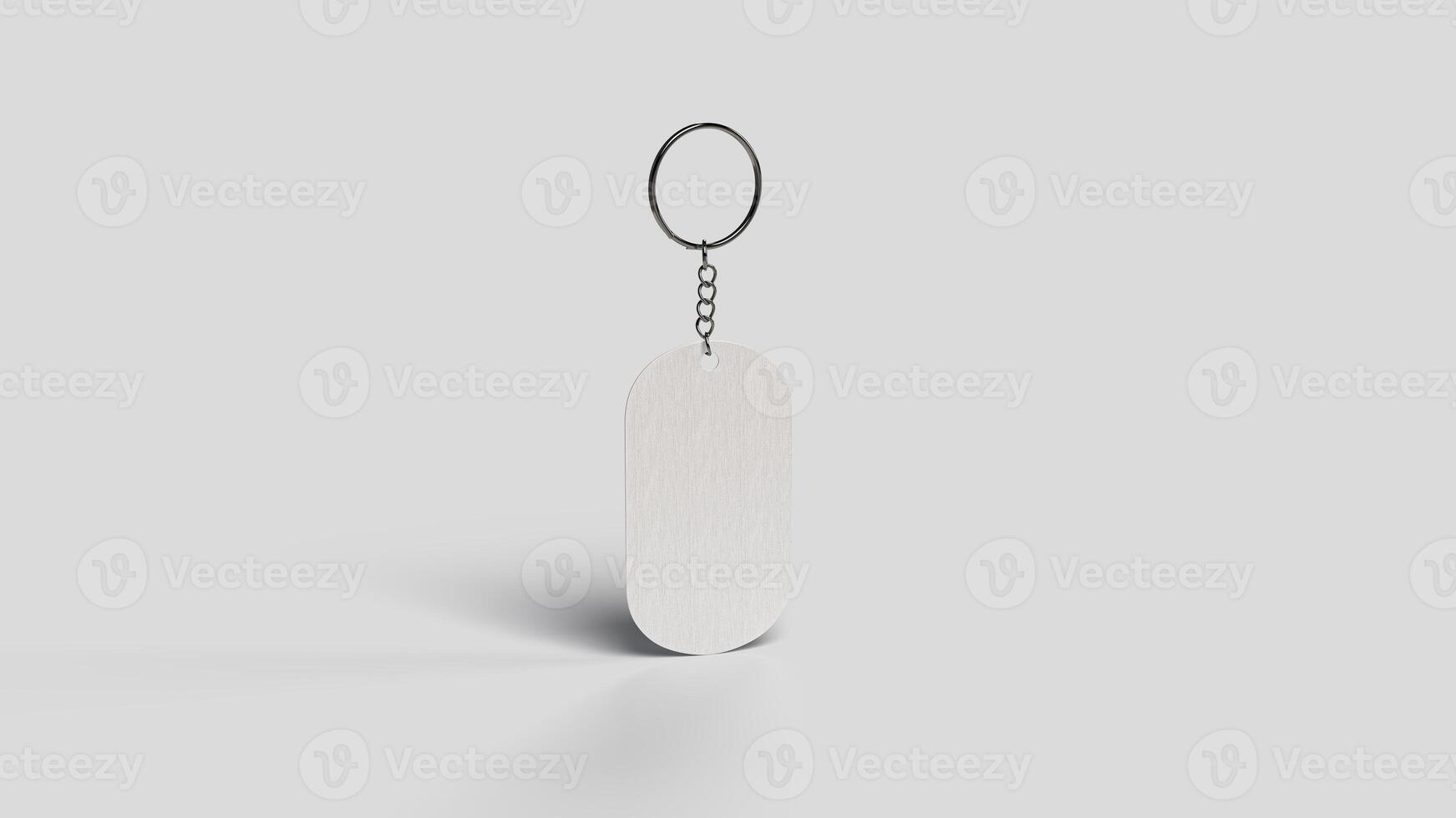 Gray metal keychain suspended in the white backdrop, right view photo