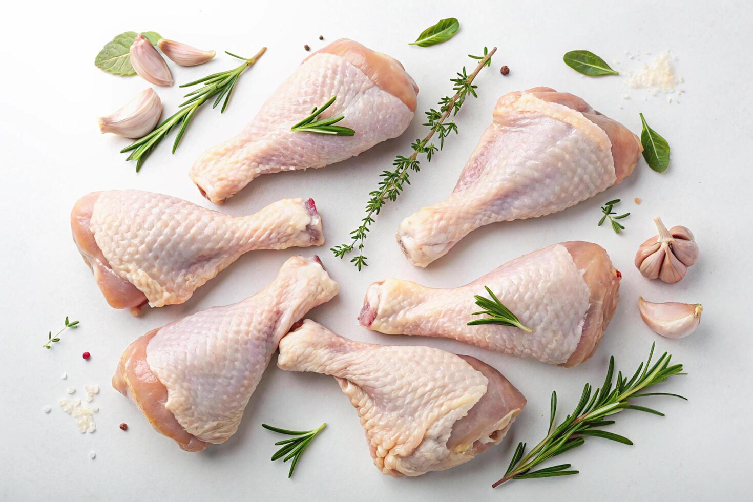 Fresh chicken drumsticks and thighs with herbs and spices. photo