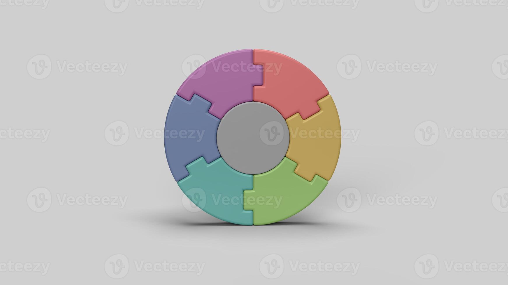Colored circular 3D puzzle pieces on white backdrop, front view photo